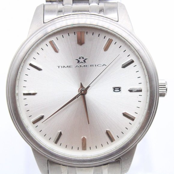 Time America Watch Mens Silver Tone Stainless Steel Classic Quartz Silver Dial - Picture 3 of 8